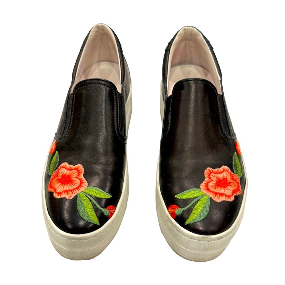 GABRIELLA MICHEL slip-on black sneakers, coral and green embroidery, size 8, VGC